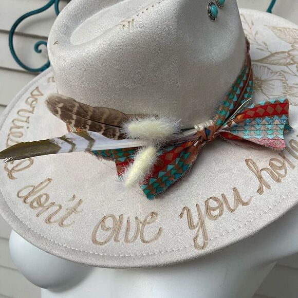 Hand Burned Hat | Wide Brim Hat | Branded Hat | wildflowers faux suede hat | All main image 4